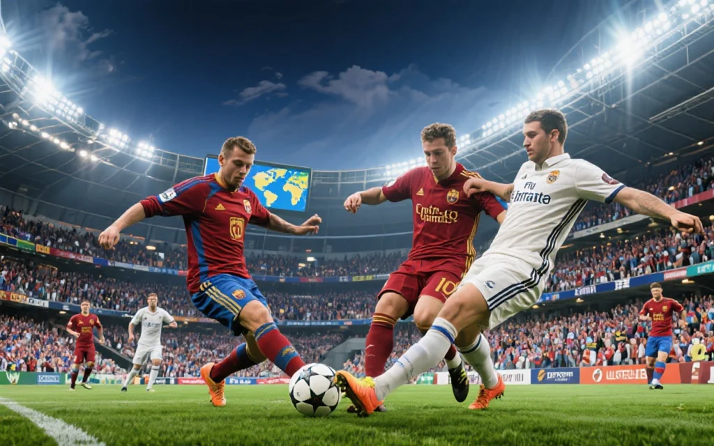 世界各大洲顶级俱乐部球员在国际大型体育场激烈拼抢，背景是充满激情的全球球迷