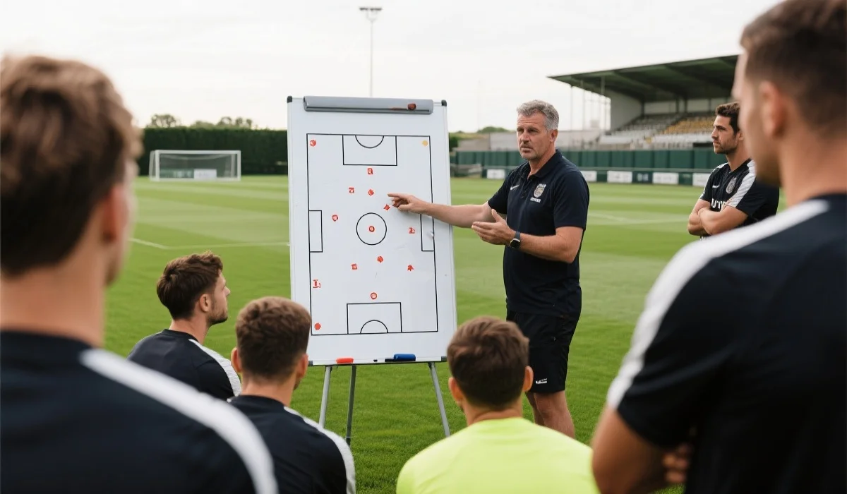 足球教练在战术板前讲解战术